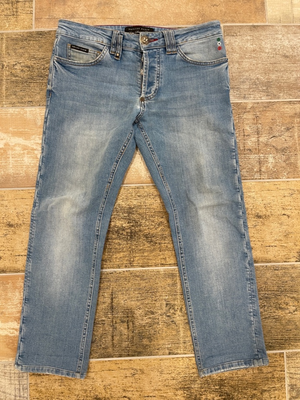 Philipp Plein Super Straight Cut Jeans Button Fly Light Rush Blue Size 29